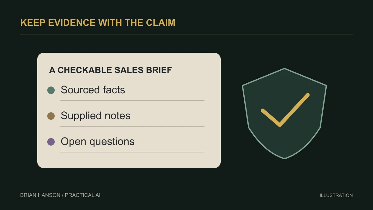 A sales brief separates sourced facts, supplied notes, and open questions beside a review shield.