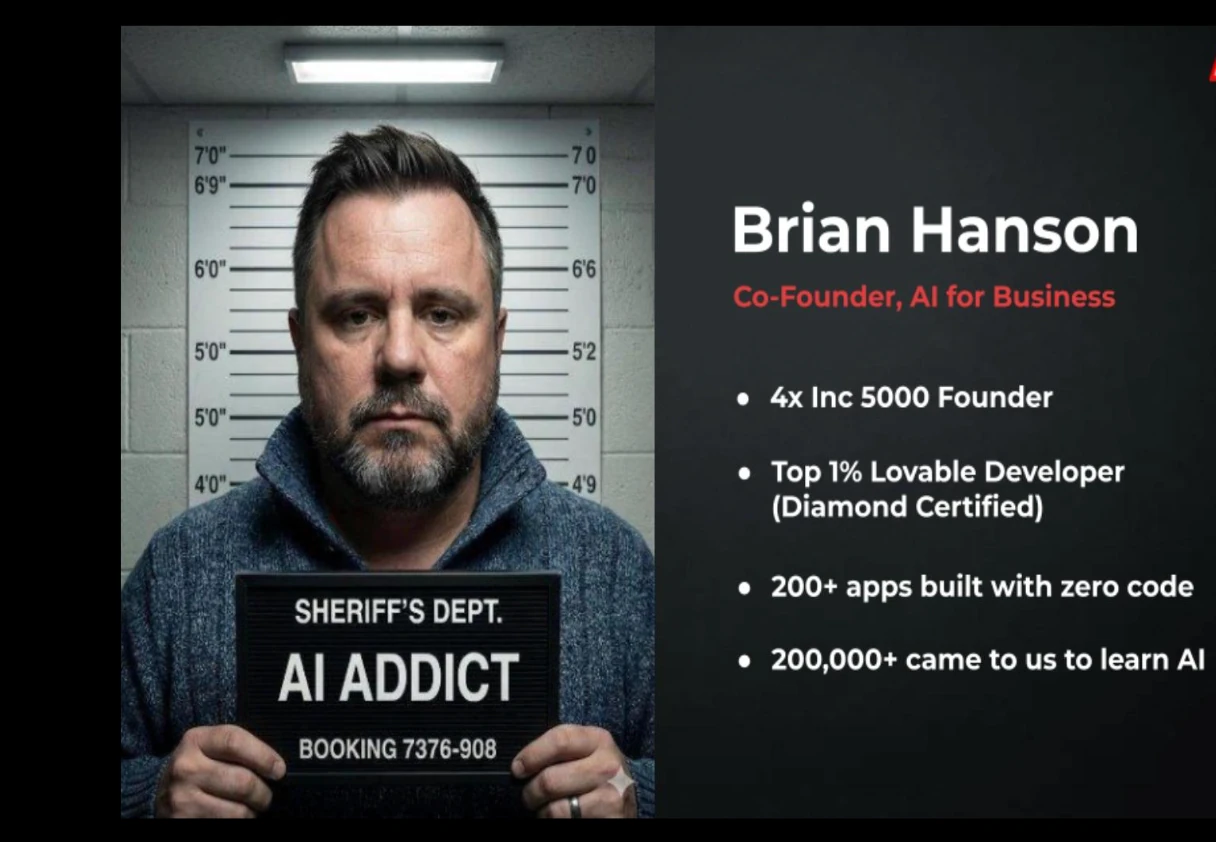 Playful AI Addict booking-style illustration of Brian Hanson, co-founder of AI for Business