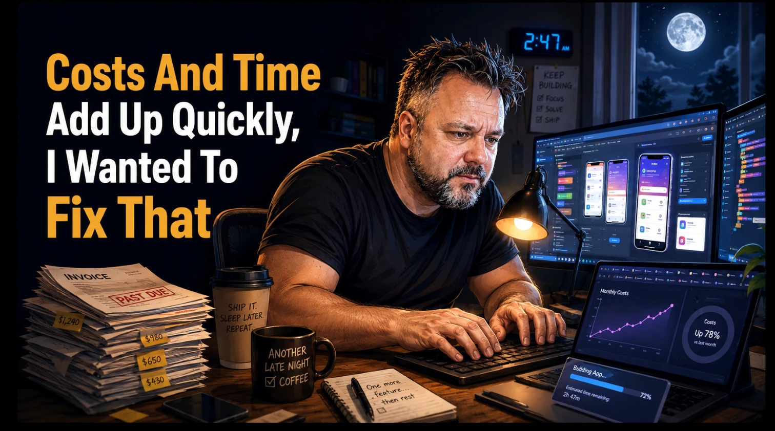 Illustration of Brian Hanson building apps late at night, surrounded by tool bills and unfinished work